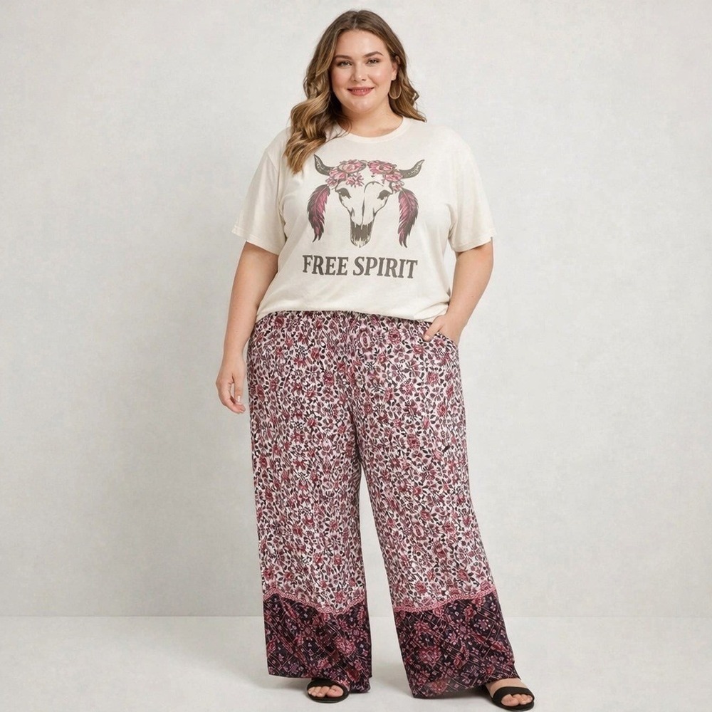 Torrid Womens Bohemian Floral Wide Leg Pull On Pants Size 1X Artsy Geometric